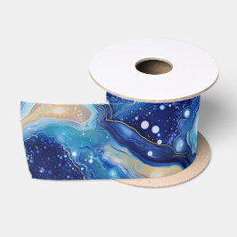 Celestial Abstract Galaxy Art in Blue Gold Swirls Satinband