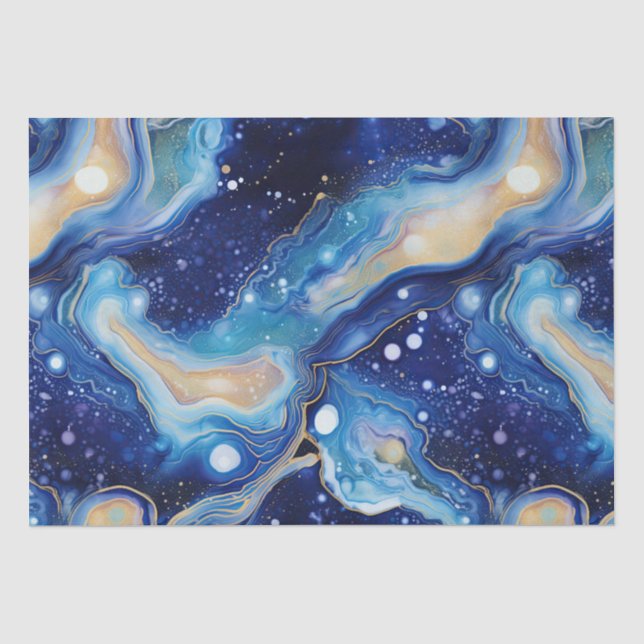 Celestial Abstract Galaxy Art in Blue Gold Swirls Seidenpapier (Vorderseite)