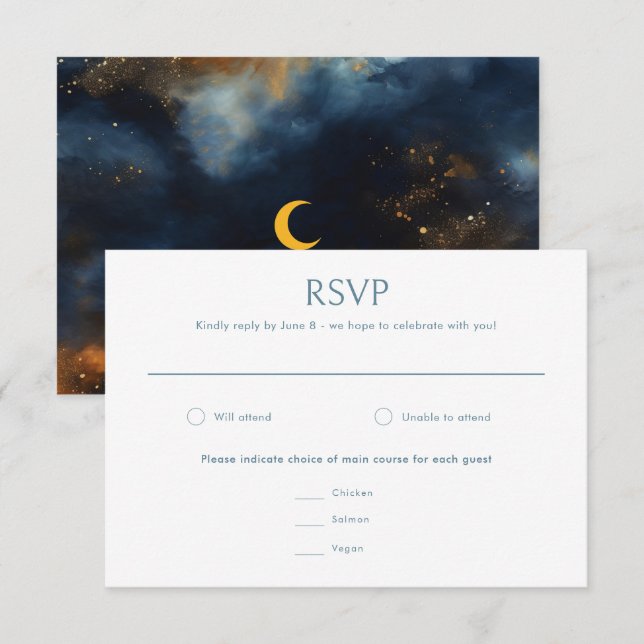 Celestial Abstrakt Blue Golden Moon Hochzeit RSVP Karte (Vorne/Hinten)