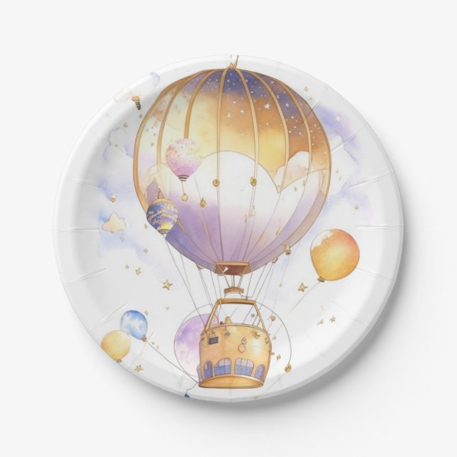 Celestial Adventure: Hot Air Balloon Baby Shower Pappteller (Vorderseite)