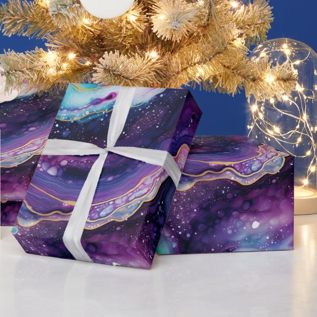 Celestial Agate Abstract Purple Blue Gold Swirls Geschenkpapier (Feiertage)