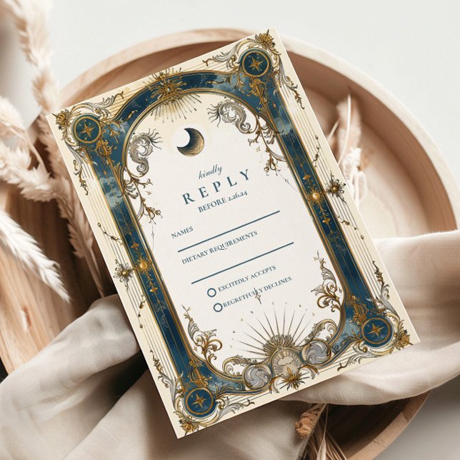 Celestial Art Nouveau Blue Gold Wedding RSVP Karte (Von Creator hochgeladen)