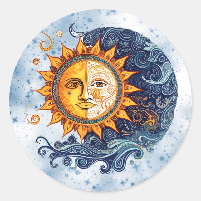 Celestial Astronomy Yellow Blue Sun Wedding Runder Aufkleber (Vorderseite)
