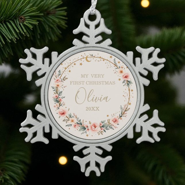 Celestial Baby First Christmas Personalisiert Schneeflocken Zinn-Ornament (Von Creator hochgeladen)