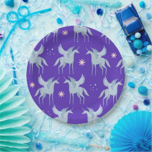 Celestial Beauty Blue Pegasus im Lila Hintergrund Pappteller