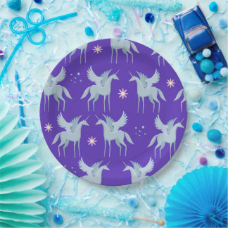 Celestial Beauty Blue Pegasus im Lila Hintergrund Pappteller