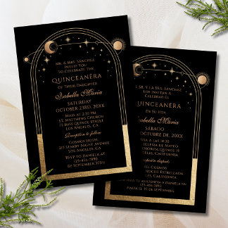 Celestial Black Gold Bilingual Spanish Quinceañera Einladung