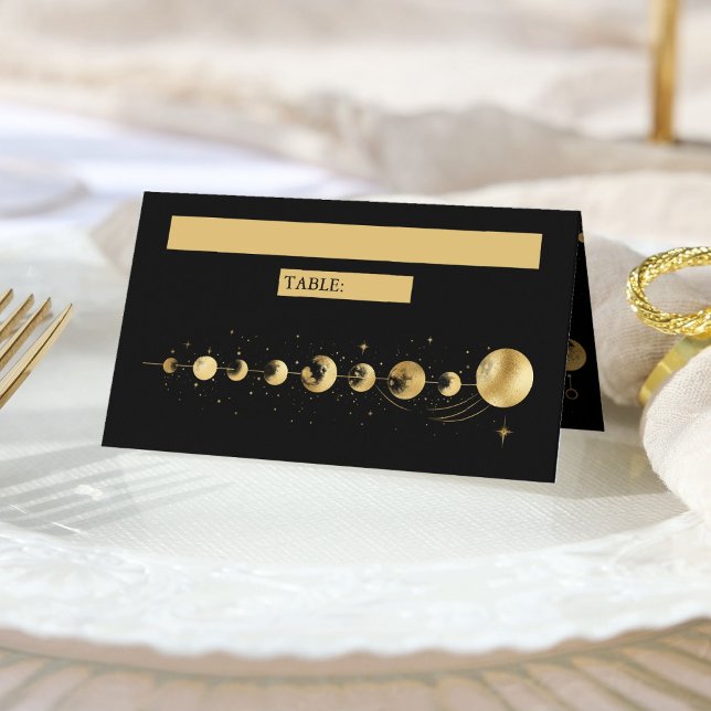 Celestial Black Gold Crescent Moon Phasen Hochzeit Platzkarte (Von Creator hochgeladen)