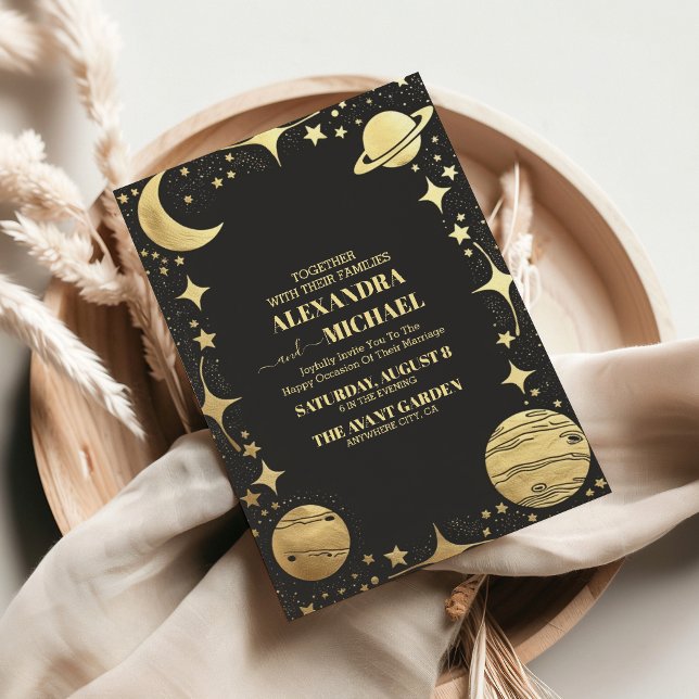 Celestial Black Gold Crescent Moon Wedding Einladung (Von Creator hochgeladen)