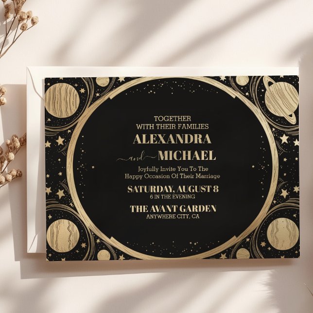 Celestial Black Gold Crescent Moon Wedding Einladung (Von Creator hochgeladen)