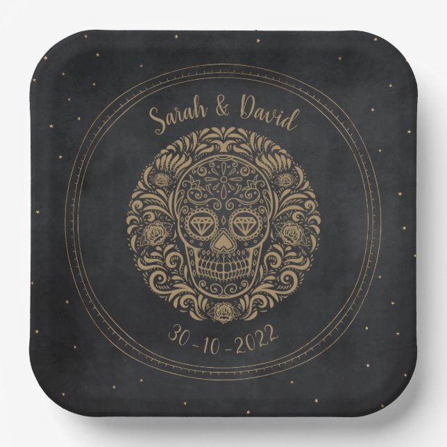 Celestial Black Gold Floral Skull Gothic Halloween Pappteller (Vorderseite)