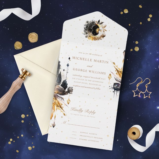 Celestial Black Gold Hochzeit alles in einer Einla All In One Einladung (Von Creator hochgeladen)
