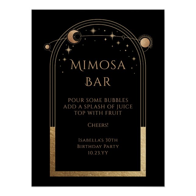Celestial Black Gold Mimosa Bar Sun Moon Stars Poster (Vorderseite)