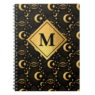 Celestial Black & Gold Stars Moon Muster Monogram Notizblock