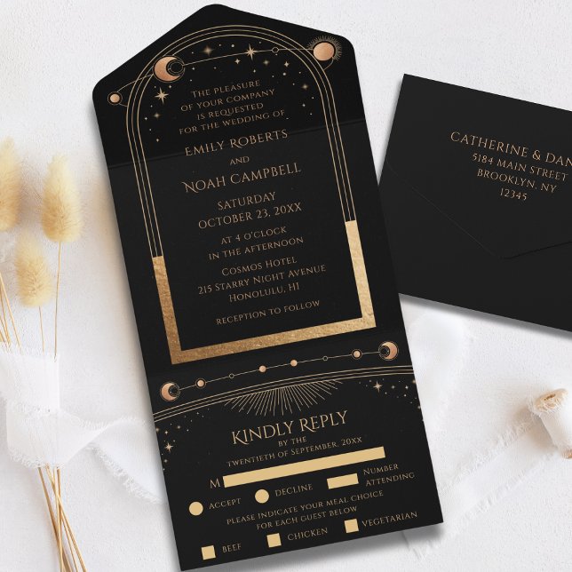 Celestial Black Gold Sun Moon Astronomie Hochzeit All In One Einladung (Von Creator hochgeladen)