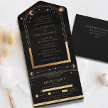 Celestial Black Gold Sun Moon Astronomie Hochzeit All In One Einladung<br><div class="desc">Die Astronomie der Solosonnensonne "Wedding All In One" bietet eine goldene Sonne, Mond und Sterne mit einem goldenen Rahmen auf schwarzem Hintergrund. Im Inneren finden Sie Ihre persönlichen Informationen zur Hochzeitseinladung. Unten sehen Sie die herausnehmbare RSVP-Karte mit drei Wahlmöglichkeiten für die Gäste, um zu entfernen und zurückzukehren. Personalisieren Sie den...</div>