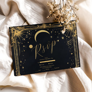 Celestial Black Gold Sun Moon Astronomie Hochzeit RSVP Karte