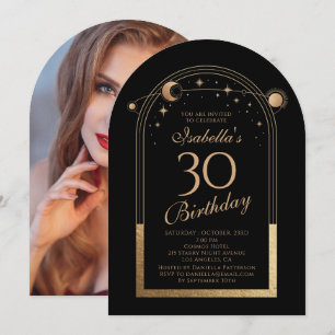 Celestial Black Gold Sun Moon Stars 30. Geburtstag Einladung