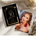 Celestial Black Gold Sun Moon Stars 30. Geburtstag Einladung<br><div class="desc">Celestial Black Gold Sun Moon Astronomie 30. Geburtstag Foto Einladungen bietet eine elegante goldene Sonne,  Mond und Sterne mit einem goldenen Rahmen auf einem schwarzen Hintergrund. Im Inneren ist Ihre individuelle Einladung zum dreißigsten Geburtstag Informationen. Auf der Rückseite fügen Sie Ihr Lieblings-Foto. Für Sie entworfen von Evco Studio www.zazzle.com/store/evcostudio</div>