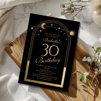 Celestial Black Gold Sun Moon Stars 30. Geburtstag Einladung