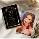 Celestial Black Gold Sun Moon Stars 30. Geburtstag Einladung<br><div class="desc">Celestial Black Gold Sun Moon Astronomie 30. Geburtstag Foto Einladungen bietet eine elegante goldene Sonne,  Mond und Sterne mit einem goldenen Rahmen auf einem schwarzen Hintergrund. Im Inneren ist Ihre individuelle Einladung zum dreißigsten Geburtstag Informationen. Auf der Rückseite fügen Sie Ihr Lieblings-Foto. Für Sie entworfen von Evco Studio www.zazzle.com/store/evcostudio</div>