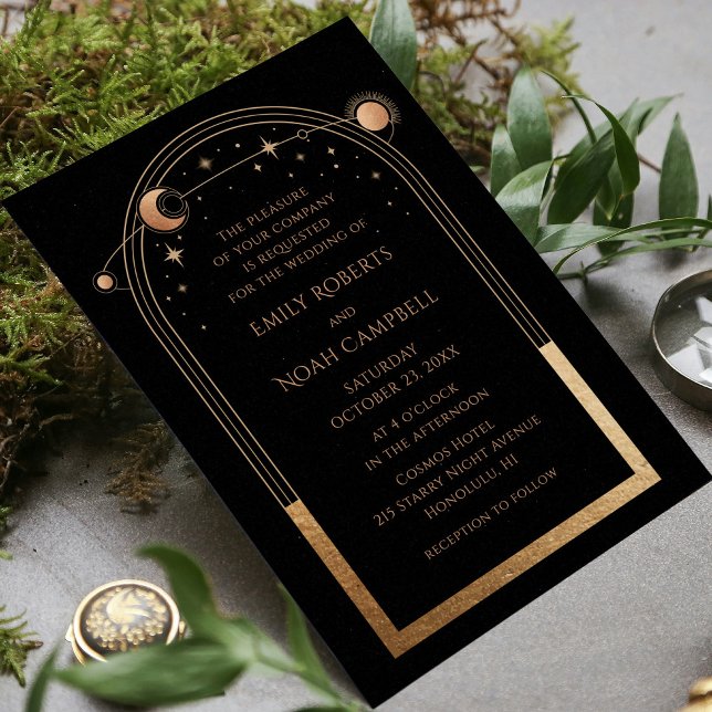 Celestial Black Gold Sun Moon Stars Foto Hochzeit Einladung (Von Creator hochgeladen)
