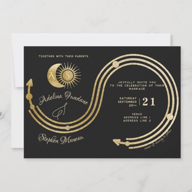 Celestial Black Gold Sun Moon Wappen UAWG QR Code Einladung (Vorderseite)