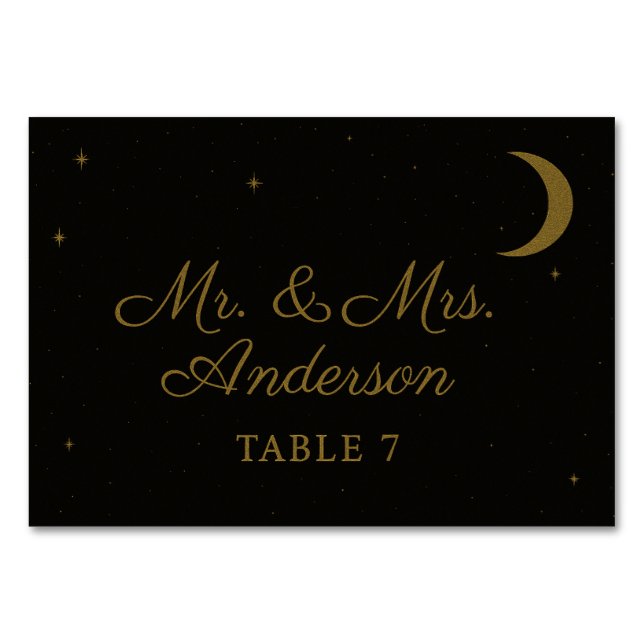 Celestial Black & Gold Wedding Escort Card Tischnummer (Vorderseite)