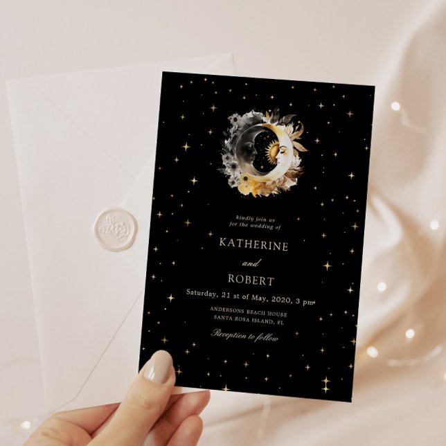 Celestial Black Golden Moon Hochzeit Einladung (Von Creator hochgeladen)