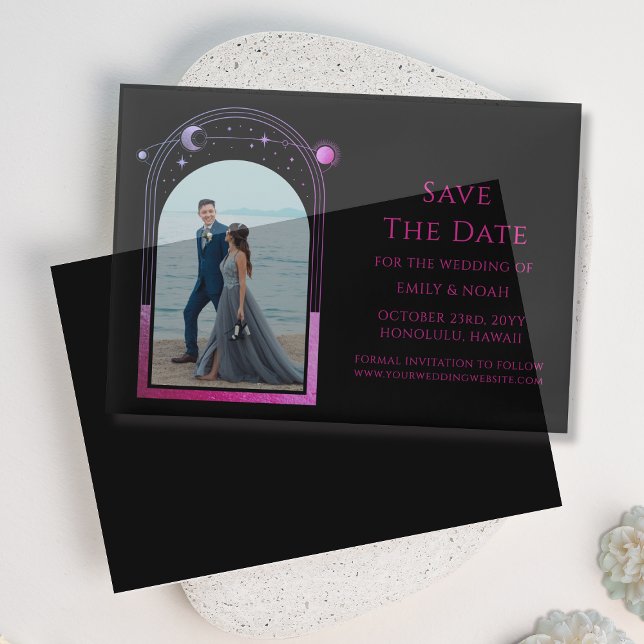 Celestial Black Lila Foto Wedding Save the Date (Von Creator hochgeladen)