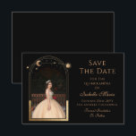 Celestial Black Save the Date Birthday Quinceanera<br><div class="desc">Celestial Black Save the Date Geburtstag Quinceanera Einladung zeigt eine goldene Sonne, Mond und Sterne Rahmen auf einem schwarzen Hintergrund. Inside ist Ihr Lieblings-Foto und Ihre individuelle Quinceanera Save the Date Informationen. Personalisieren Sie diese, indem Sie den Text in den Textfeldern bearbeiten und Ihr bevorzugtes Foto hinzufügen. Entwickelt für Sie...</div>