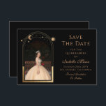 Celestial Black Save the Date Birthday Quinceanera<br><div class="desc">Celestial Black Save the Date Geburtstag Quinceanera Einladung zeigt eine goldene Sonne, Mond und Sterne Rahmen auf einem schwarzen Hintergrund. Inside ist Ihr Lieblings-Foto und Ihre individuelle Quinceanera Save the Date Informationen. Personalisieren Sie diese, indem Sie den Text in den Textfeldern bearbeiten und Ihr bevorzugtes Foto hinzufügen. Entwickelt für Sie...</div>