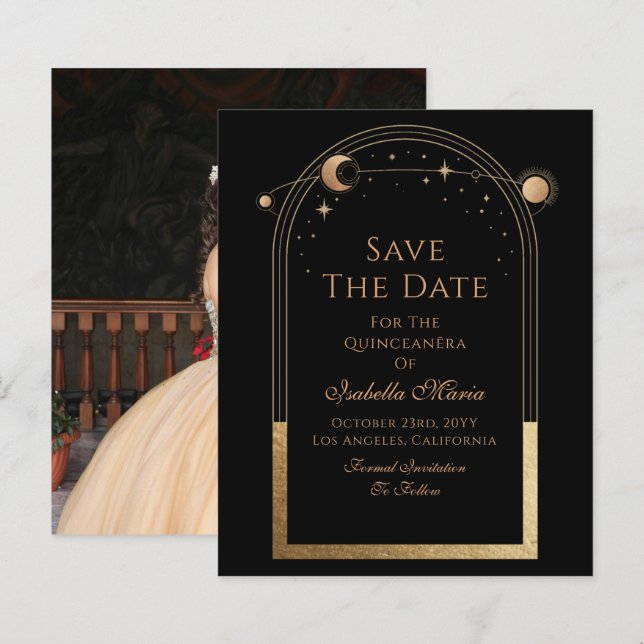 Celestial Black Save the Date Birthday Quinceanera (Vorne/Hinten)