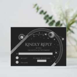 Celestial Black Silver Sun Moon Stars Hochzeit RSVP Karte