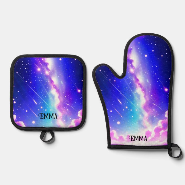 Celestial Blue and Pink Galaxy Individuelle Name Ofenhandschuh & Topflappen-Set (Vorderseite)