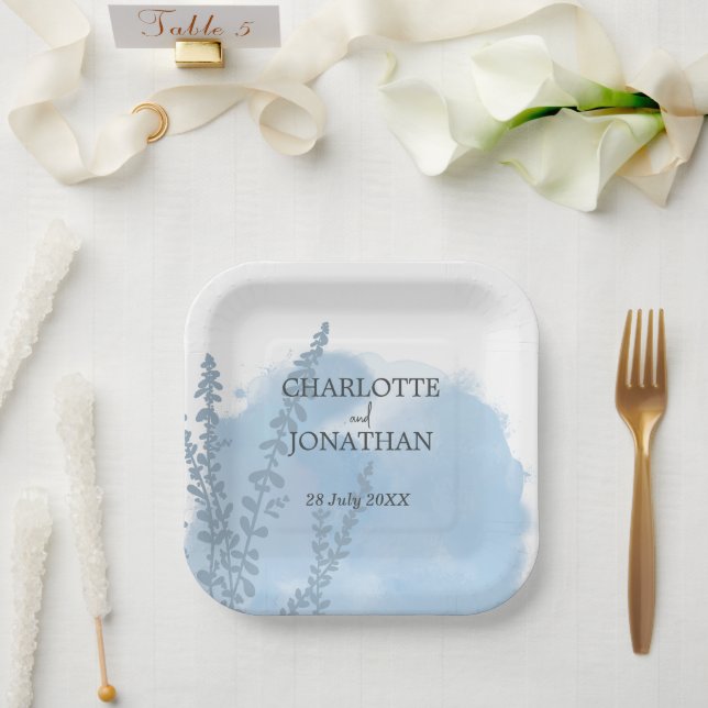 Celestial Blue Botanical Watercolor Wash Wedding Pappteller (Hochzeit)