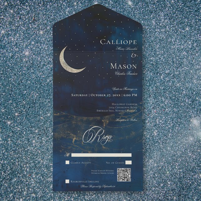 Celestial Blue Crescent Moon Wedding QR Code All In One Einladung (Celestial Blue Crescent Moon Wedding QR Code All In One Invitation)
