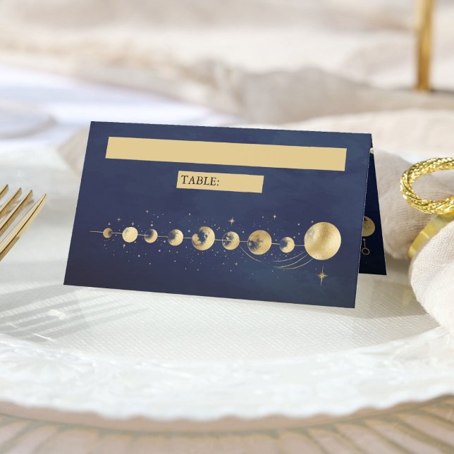 Celestial Blue Gold Crescent Moon Phases Wedding Platzkarte (Von Creator hochgeladen)
