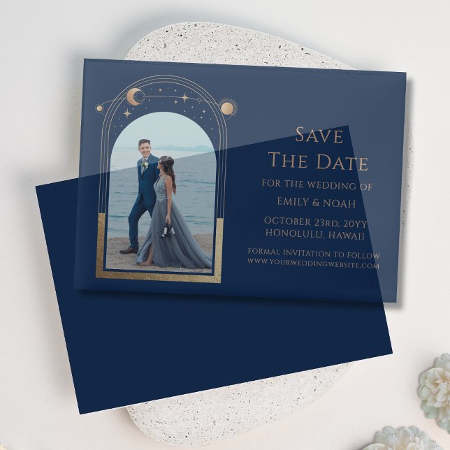 Celestial Blue Gold Foto Wedding Save the Date (Von Creator hochgeladen)