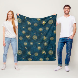 Celestial Blue & Gold Starry Night Crescent Moon Fleecedecke