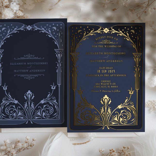 Celestial Blue Gold Storybook Viktorianisch Weddin Folieneinladung (Von Creator hochgeladen)