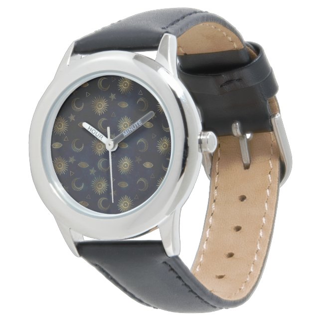 Celestial Blue Gold Sun Moon Stars Armbanduhr (Schrägansicht)