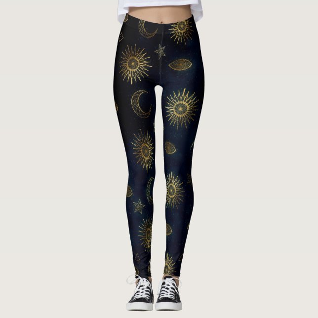 Celestial Blue Gold Sun Moon Stars Leggings (Vorderseite)
