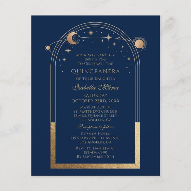 Celestial Blue Gold Sun Moon Stars Quinceañera (Vorderseite)