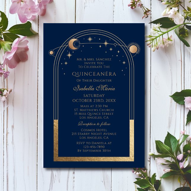 Celestial Blue Gold Sun Moon Stars Quinceañera Einladung (Von Creator hochgeladen)