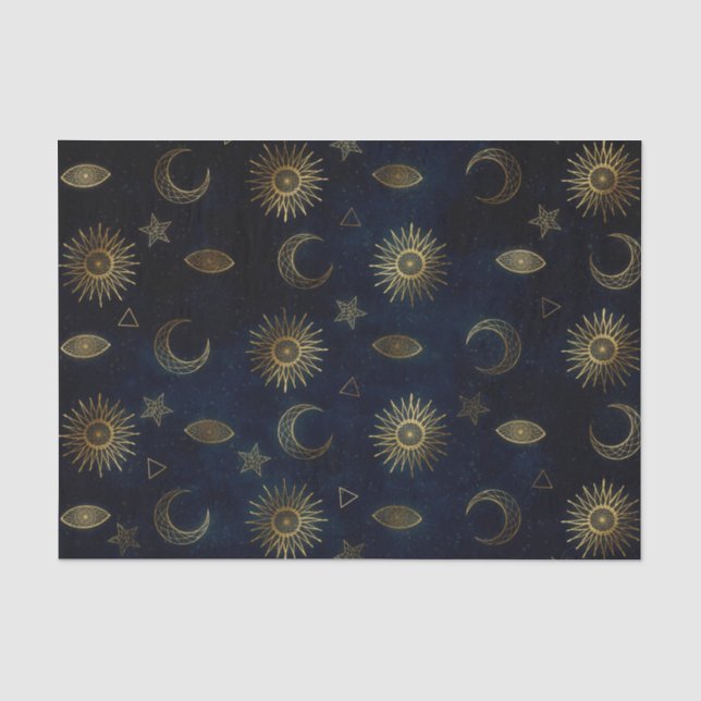 Celestial Blue Gold Sun Moon Stars Seidenpapier (Vorderseite)