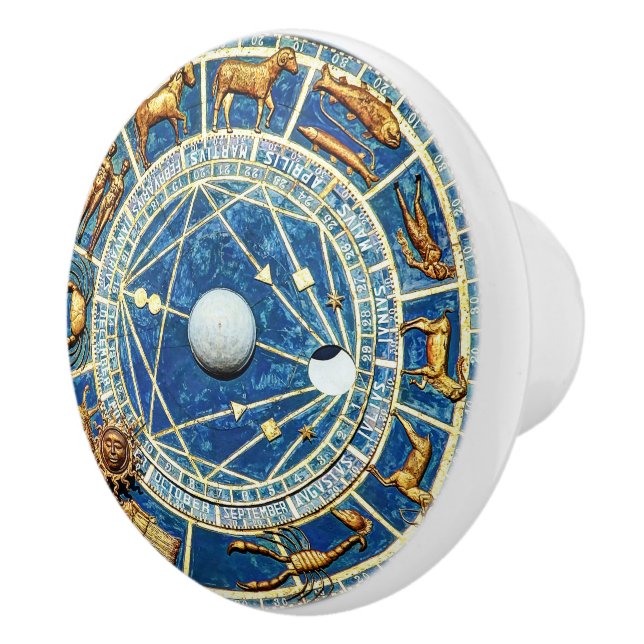Celestial Blue & Gold Zodiac Wheel Astrologie Zeic Keramikknauf (Rechts)