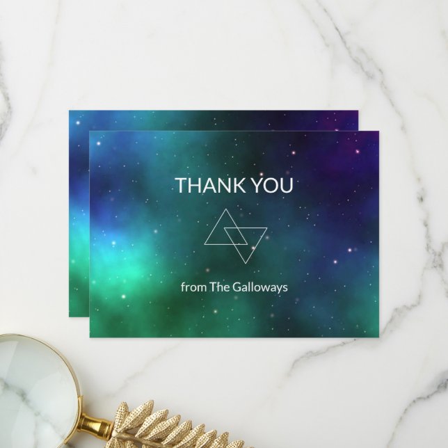 Celestial Blue Green Galaxy Minimalistisch Chic Dankeskarte (Vorderseite/Rückseite Beispiel)