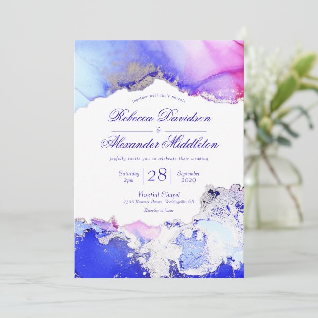 Celestial Blue Lila Jewel Tones Ink Wash Einladung (Stehend Vorderseite)