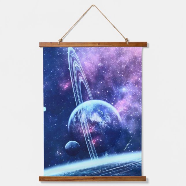 Celestial Blue Nebula & Ringed World Dreamscape Wandteppich Mit Holzrahmen (Vorderseite)